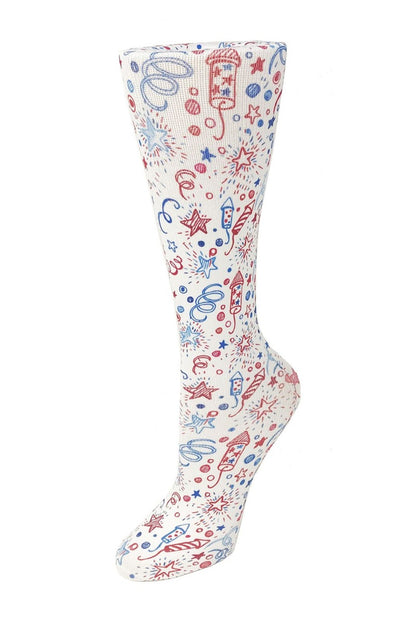 Women's knee-high compression socks in Streamers print - Cutieful 10-18 mmHg moderate graduated compression for nurses and healthcare workers.