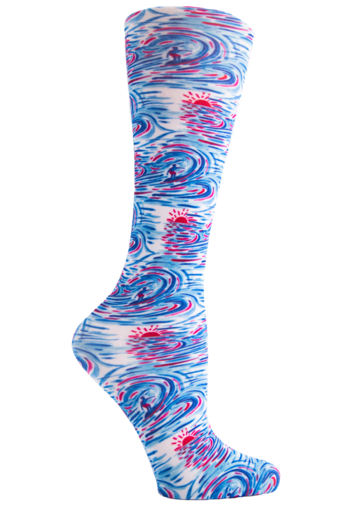 Women's knee-high compression socks in Surf's Up print - Cutieful 10-18 mmHg moderate graduated compression for nurses and healthcare workers.