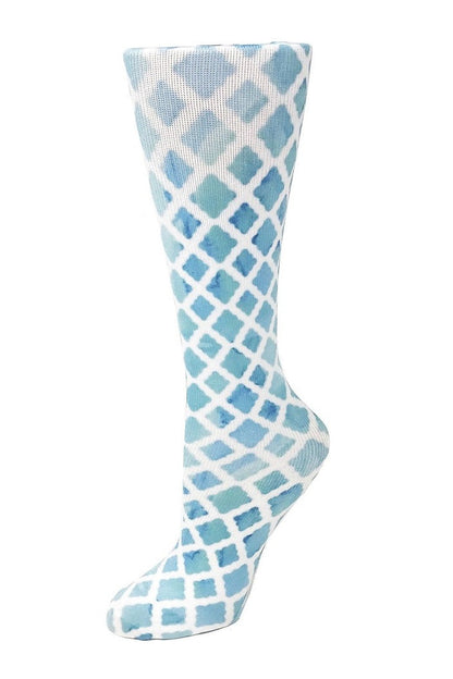 Women's knee-high compression socks in Watercolor Lattice print - Cutieful 10-18 mmHg moderate graduated compression for nurses and healthcare workers.