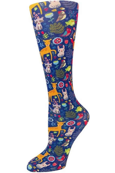 Women's knee-high compression socks in Woodland Creatures print - Cutieful 10-18 mmHg moderate graduated compression for nurses and healthcare workers.