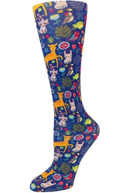 Women's knee-high compression socks in Woodland Creatures print - Cutieful 10-18 mmHg moderate graduated compression for nurses and healthcare workers.