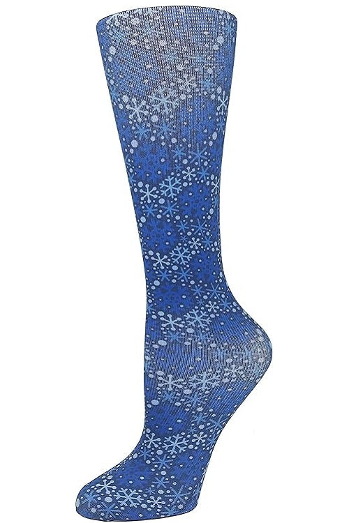 Women's knee-high wide calf compression socks in Blue Snowflakes print - Cutieful 10-18 mmHg moderate graduated compression for nurses and healthcare workers.