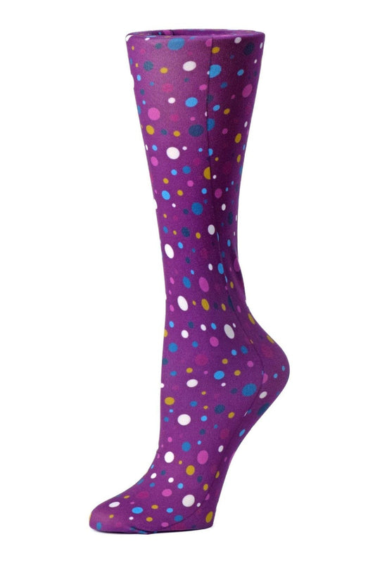 Women's knee-high wide calf compression socks in Abstract Polka Dots print - Cutieful 10-18 mmHg moderate graduated compression for nurses and healthcare workers.
