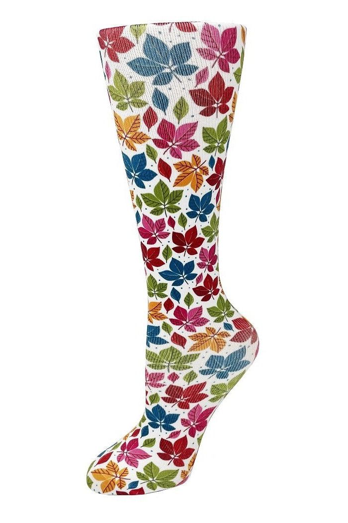 Women's knee-high wide calf compression socks in Autumn Leaves print - Cutieful 10-18 mmHg moderate graduated compression for nurses and healthcare workers.