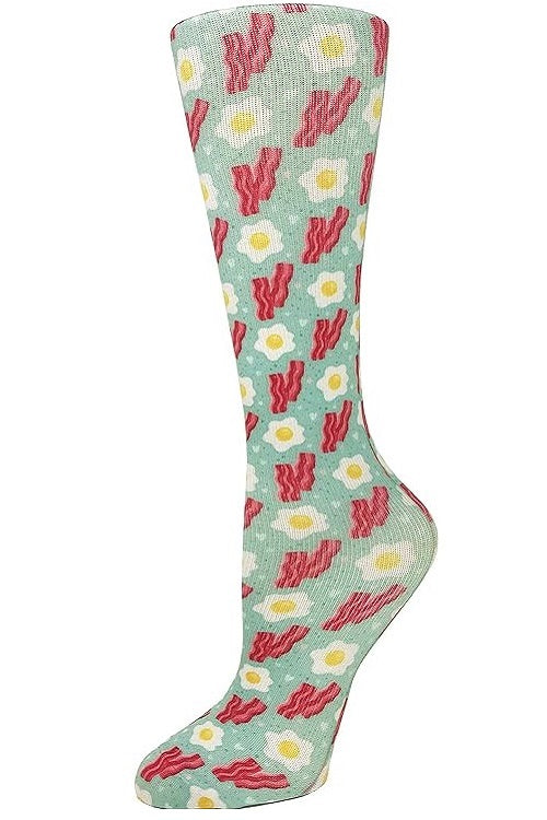 Women's knee-high wide calf compression socks in Bacon and Eggs print - Cutieful 10-18 mmHg moderate graduated compression for nurses and healthcare workers.