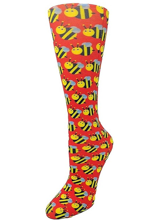 Women's knee-high wide calf compression socks in Busy Bees print - Cutieful 10-18 mmHg moderate graduated compression for nurses and healthcare workers.