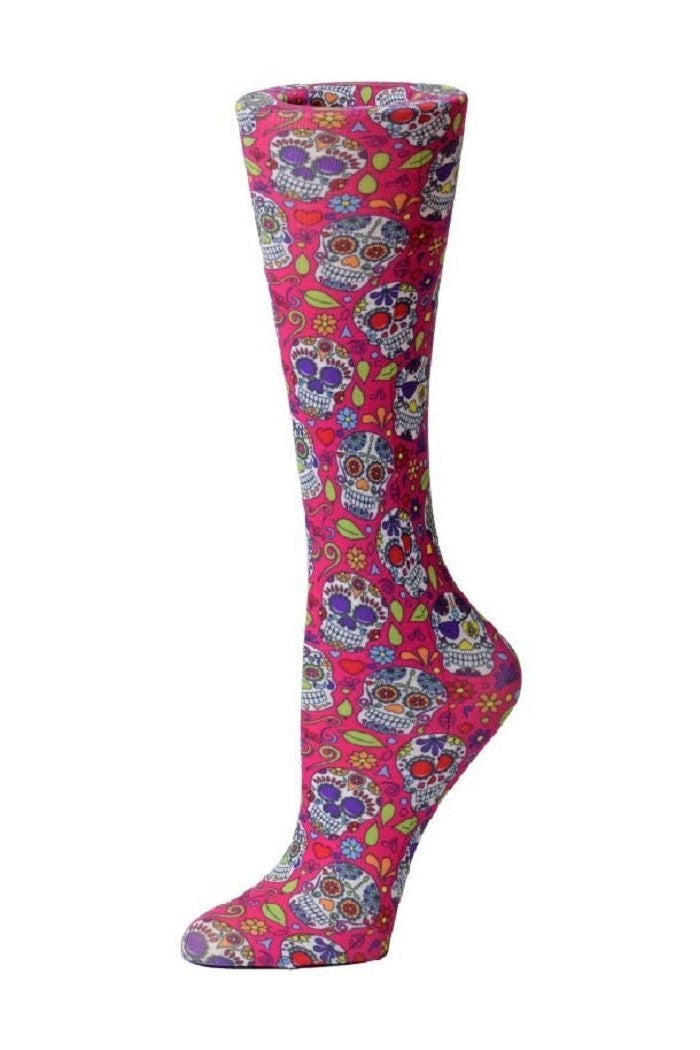 Women's knee-high wide calf compression socks in Calavera print - Cutieful 10-18 mmHg moderate graduated compression for nurses and healthcare workers.