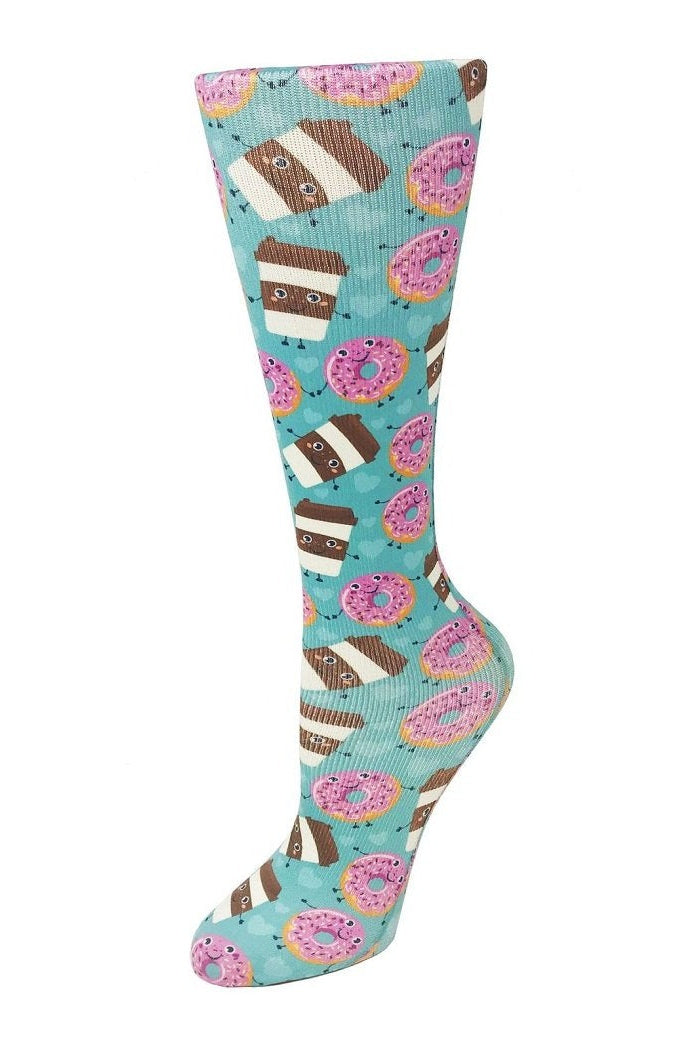 Women's knee-high wide calf compression socks in Coffee and Donuts print - Cutieful 10-18 mmHg moderate graduated compression for nurses and healthcare workers.