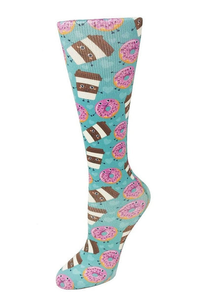 Women's knee-high wide calf compression socks in Coffee and Donuts print - Cutieful 10-18 mmHg moderate graduated compression for nurses and healthcare workers.