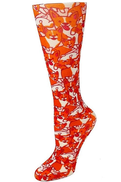 Women's knee-high wide calf compression socks in Corgis print - Cutieful 10-18 mmHg moderate graduated compression for nurses and healthcare workers.