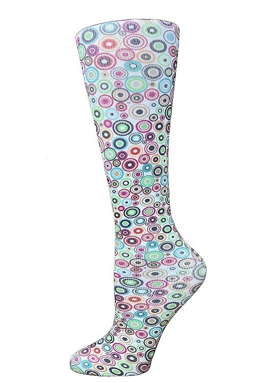 Women's knee-high wide calf compression socks in Disco Party print - Cutieful 10-18 mmHg moderate graduated compression for nurses and healthcare workers.