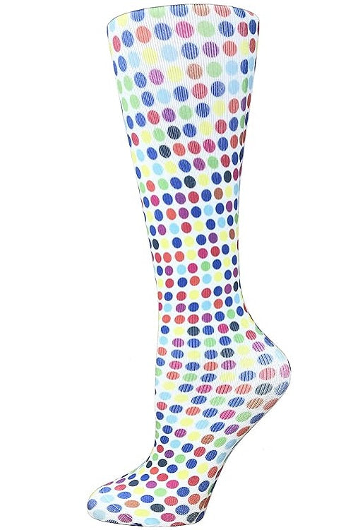 Women's knee-high wide calf compression socks in Multi Polka Dots print - Cutieful 10-18 mmHg moderate graduated compression for nurses and healthcare workers.