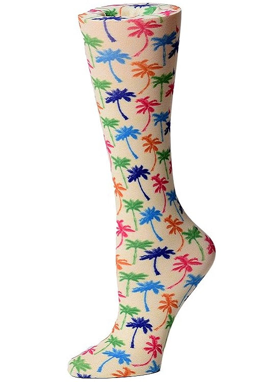 Women's knee-high wide calf compression socks in Palm Trees print - Cutieful 10-18 mmHg moderate graduated compression for nurses and healthcare workers.