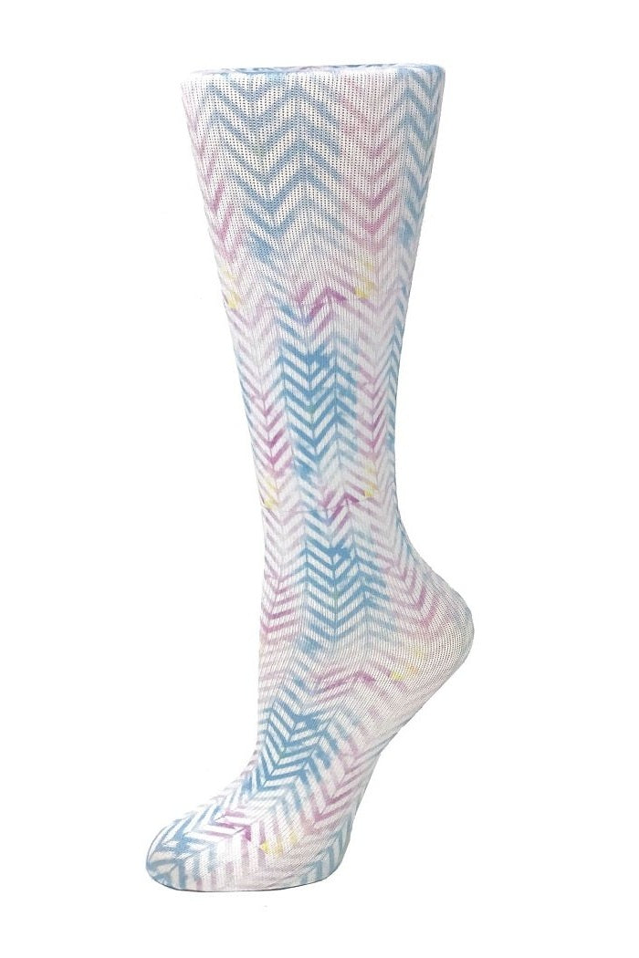 Women's knee-high wide calf compression socks in Pastel Chevron print - Cutieful 10-18 mmHg moderate graduated compression for nurses and healthcare workers.