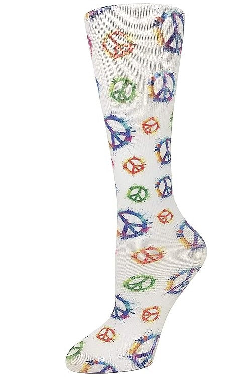 Women's knee-high wide calf compression socks in Peace Signs print - Cutieful 10-18 mmHg moderate graduated compression for nurses and healthcare workers.