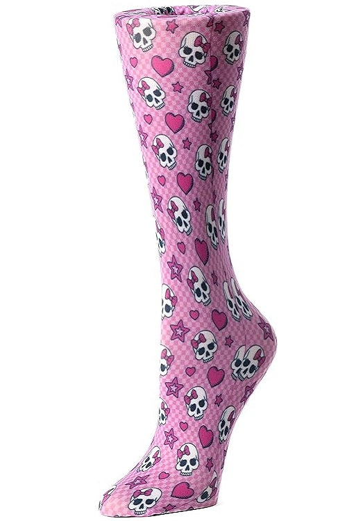 Women's knee-high wide calf compression socks in Pink Skulls print - Cutieful 10-18 mmHg moderate graduated compression for nurses and healthcare workers.