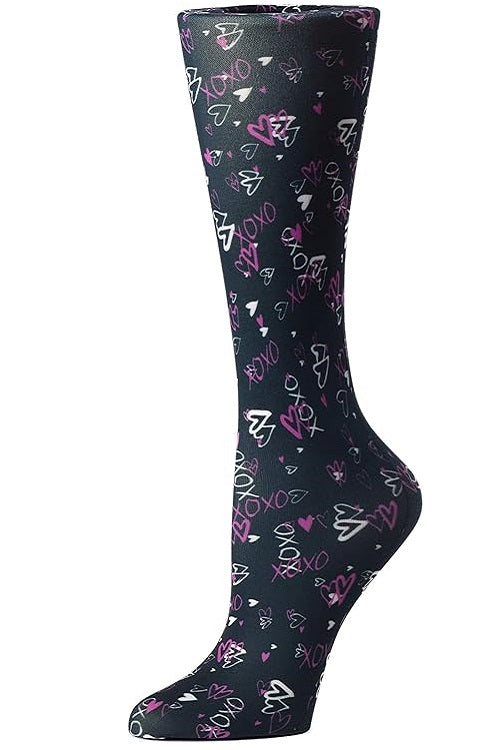 Women's knee-high wide calf compression socks in Purple Hearts XOXO print - Cutieful 10-18 mmHg moderate graduated compression for nurses and healthcare workers.
