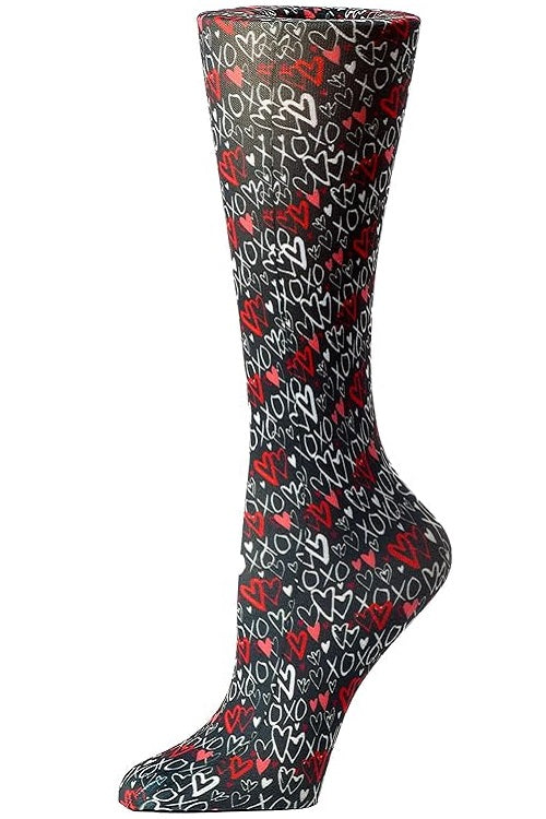 Women's knee-high wide calf compression socks in Red Hearts XOXO print - Cutieful 10-18 mmHg moderate graduated compression for nurses and healthcare workers.