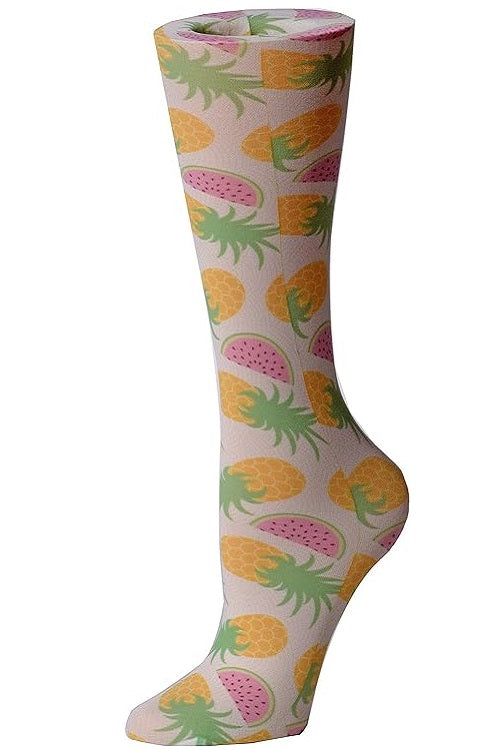 Women's knee-high wide calf compression socks in Summer Fruits print - Cutieful 10-18 mmHg moderate graduated compression for nurses and healthcare workers.