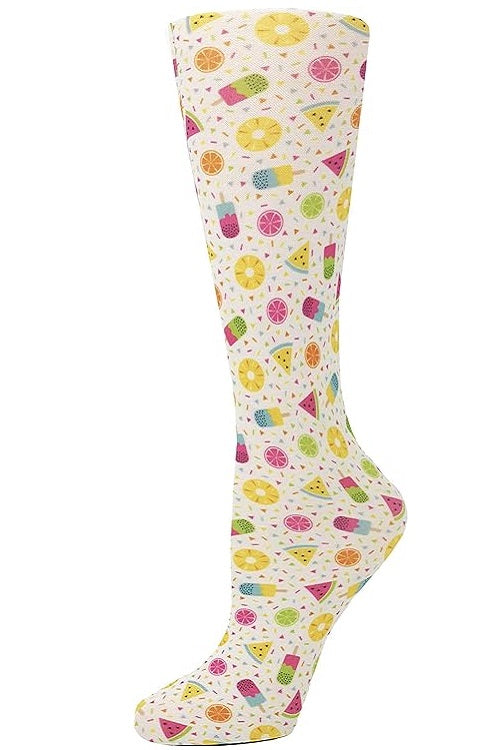 Women's knee-high wide calf compression socks in Summer Treats print - Cutieful 10-18 mmHg moderate graduated compression for nurses and healthcare workers.