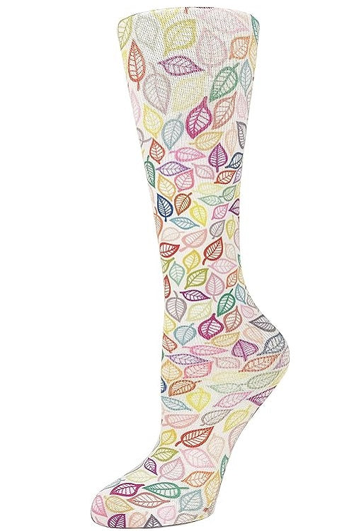 Women's knee-high wide calf compression socks in Vibrant Leaves print - Cutieful 10-18 mmHg moderate graduated compression for nurses and healthcare workers.