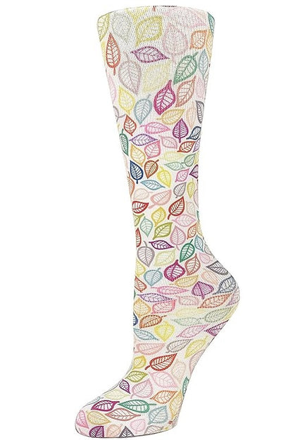 Women's knee-high wide calf compression socks in Vibrant Leaves print - Cutieful 10-18 mmHg moderate graduated compression for nurses and healthcare workers.