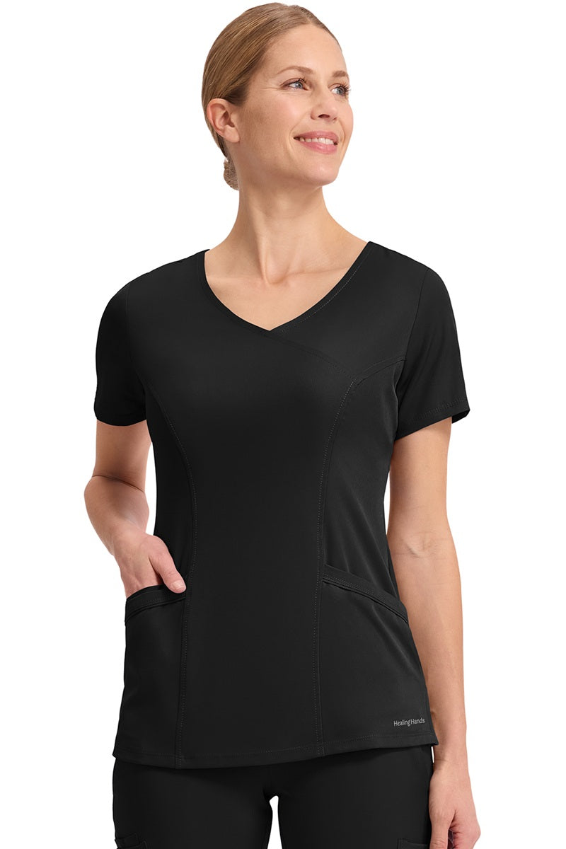 Healing Hands HH Works Madison 2525 scrub top in Black - professional women's mock wrap v-neck with fade-resistant fabric.