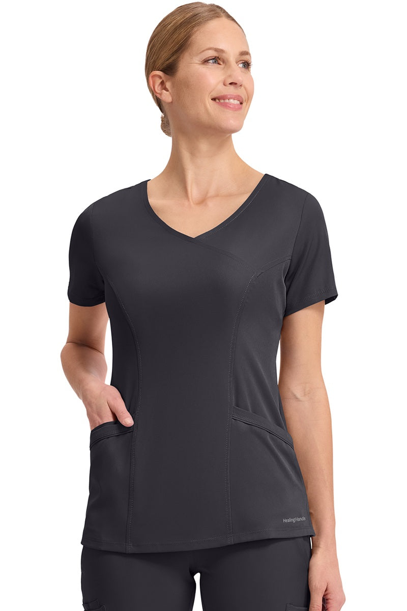 Healing Hands HH Works Madison 2525 scrub top in Pewter Grey - comfortable women's mock wrap scrub with crossover v-neck.