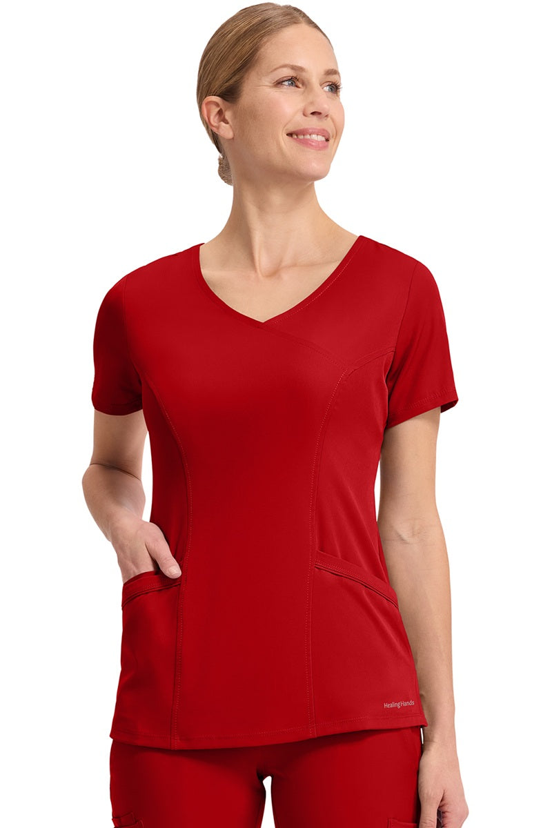 Healing Hands HH Works Madison 2525 scrub top in Red - fade-resistant women's medical scrub with moisture-wicking technology.