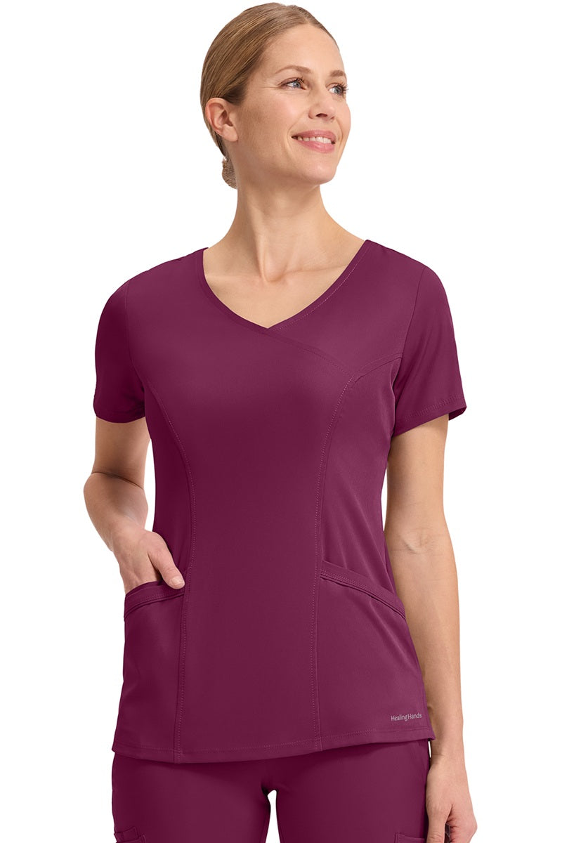 Healing Hands HH Works Madison 2525 mock wrap scrub top in Wine - women's 4-way stretch v-neck medical scrub with moisture-wicking fabric.