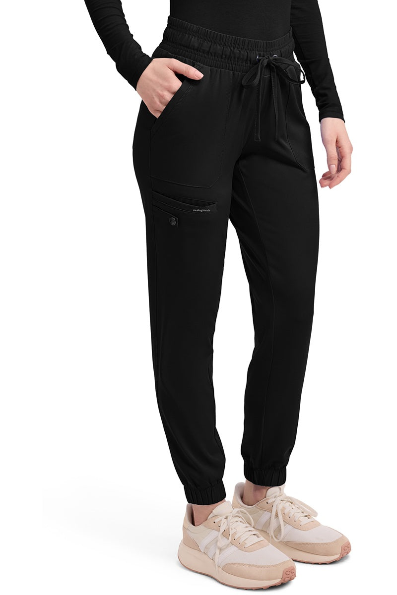 Women's Healing Hands HH Works Renee 9575 jogger scrub pants in black with moisture-wicking stretch fabric
