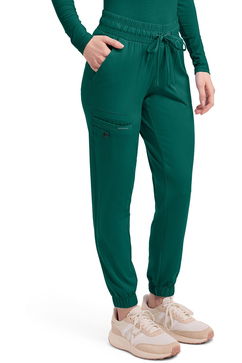 Women's Healing Hands HH Works Renee 9575 jogger scrub pants in hunter green with tapered jogger fit
