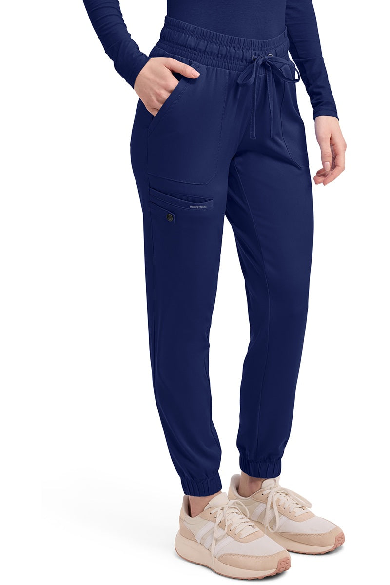 Women's Healing Hands HH Works Renee 9575 jogger scrub pants in navy blue with 5 functional pockets
