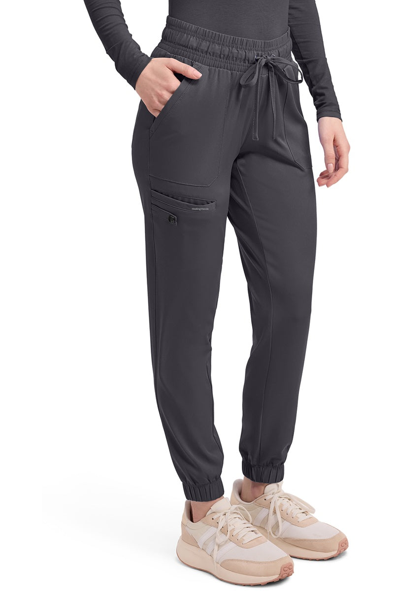 Women's Healing Hands HH Works Renee 9575 jogger scrub pants in pewter grey with 4-way stretch fabric
