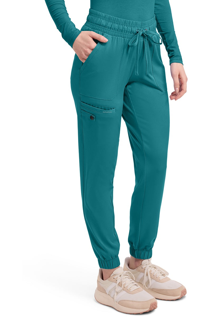 Women's Healing Hands HH Works Renee 9575 jogger scrub pants in teal blue with adjustable drawstring
