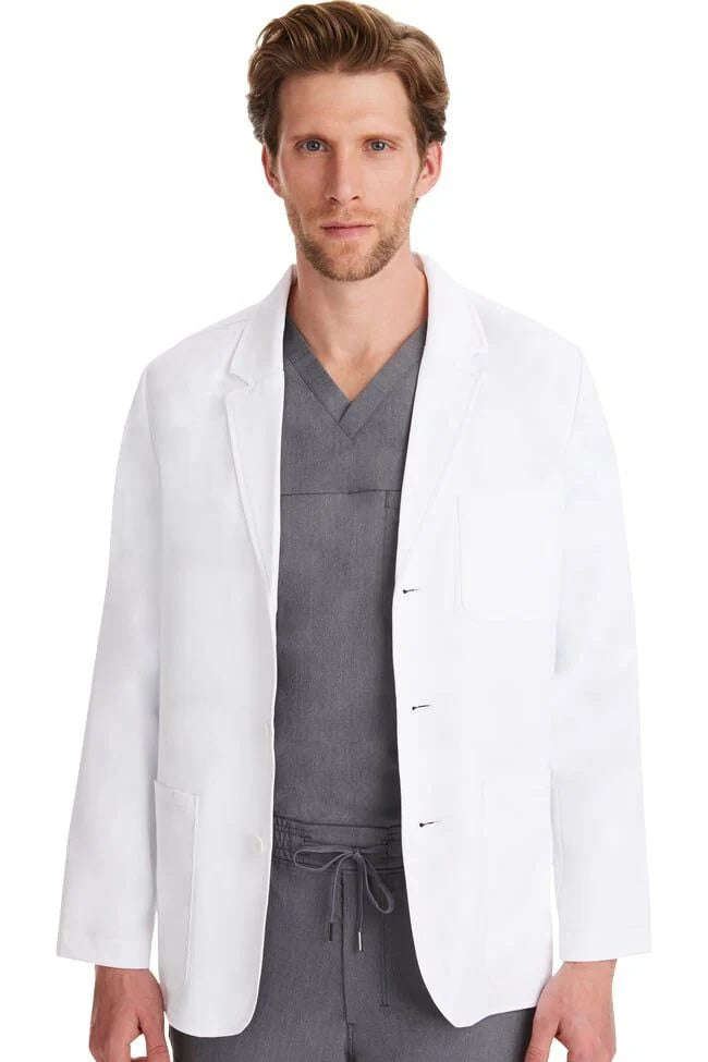 Men's white lab coat Healing Hands Leo 5150 with 5 pockets, moisture-wicking stretch fabric, 29.5 inch length, professional consultation coat for doctors and healthcare workers.