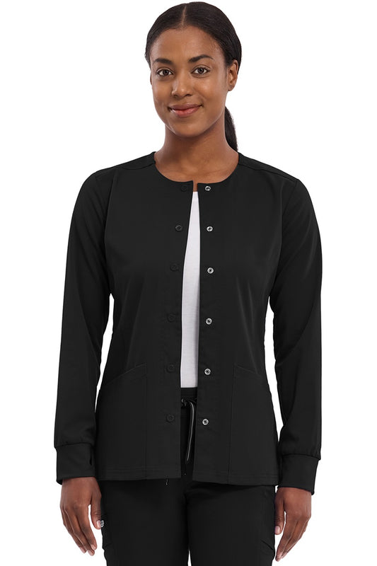 Women's Healing Hands Purple Label Daisy scrub jacket style 5063 in black with snap front closure, zipper pockets, and 2-way stretch moisture-wicking fabric for nurses and healthcare professionals.