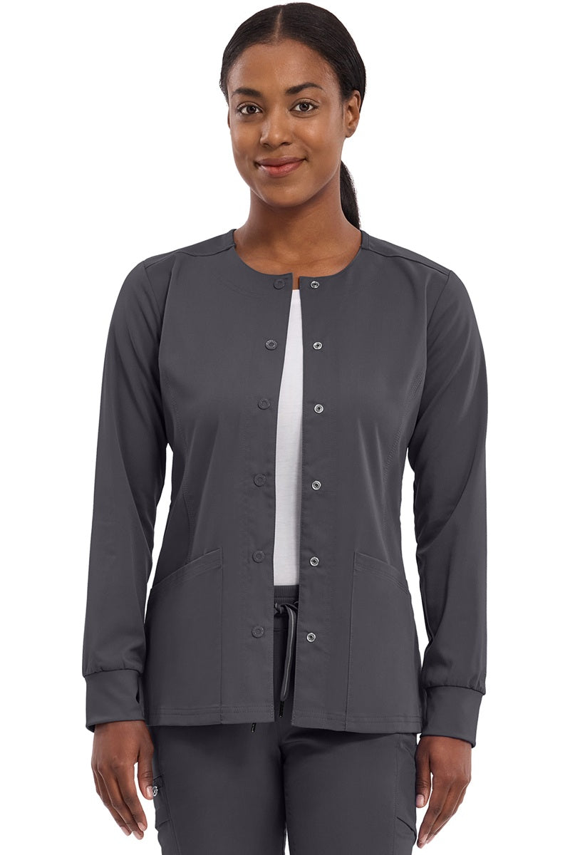 Women's Healing Hands Purple Label Daisy scrub jacket style 5063 in pewter grey with snap front closure, zipper pockets, and 2-way stretch moisture-wicking fabric for nurses and healthcare professionals.