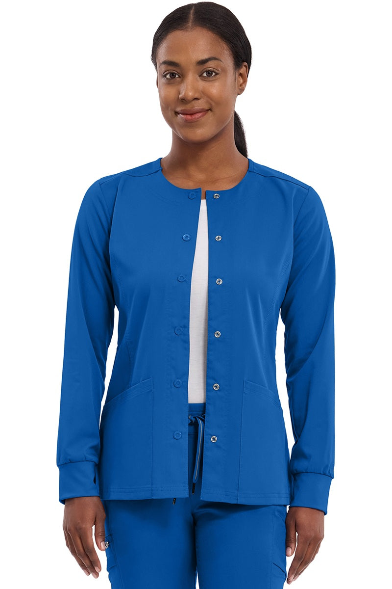 Women's Healing Hands Purple Label Daisy scrub jacket style 5063 in royal blue with snap front closure, zipper pockets, and 2-way stretch moisture-wicking fabric for nurses and healthcare professionals.