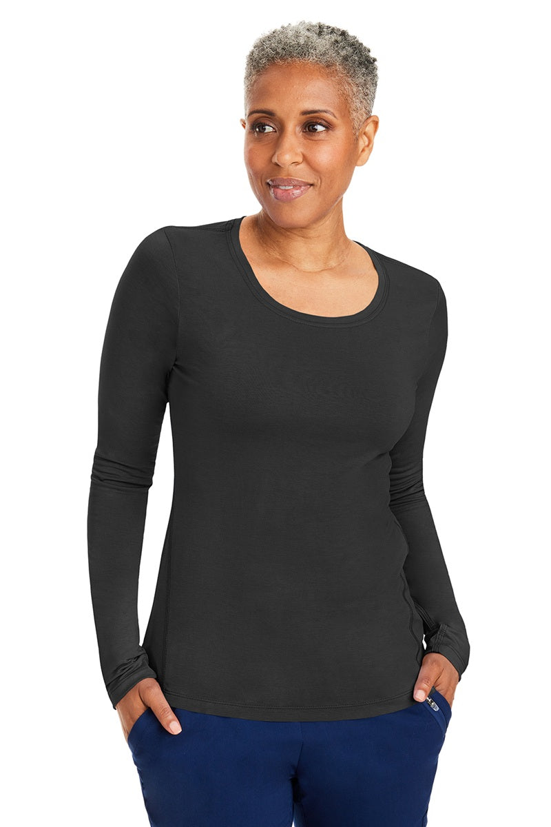 Healing Hands Purple Label Mackenzie 5051 long sleeve underscrub tee in black - crew neck with hidden thumb holes for healthcare professionals.
