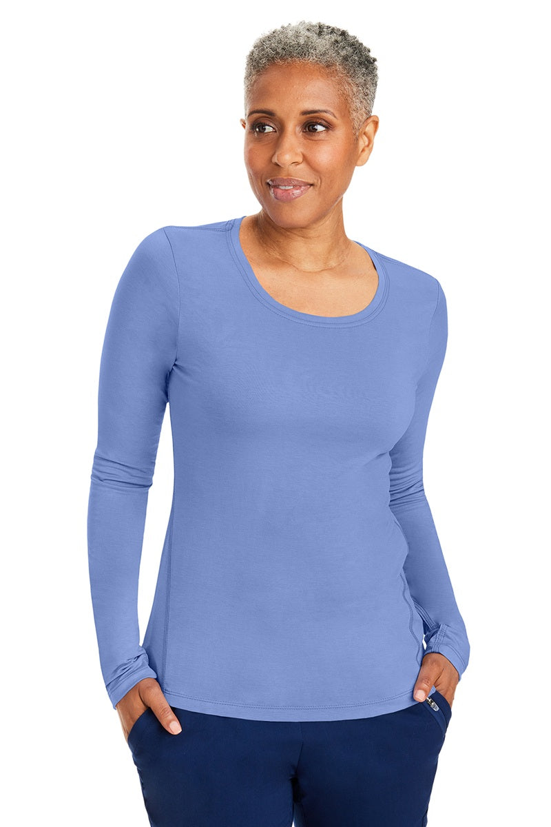 Healing Hands Purple Label Mackenzie 5051 long sleeve underscrub tee in ceil blue - lightweight breathable fabric for medical staff.
