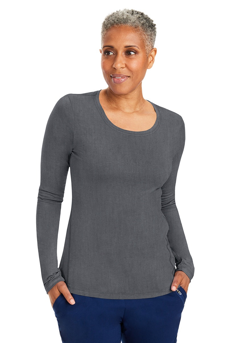 Healing Hands Purple Label Mackenzie 5051 long sleeve underscrub tee in heather grey - high-low hem design for all-day comfort.