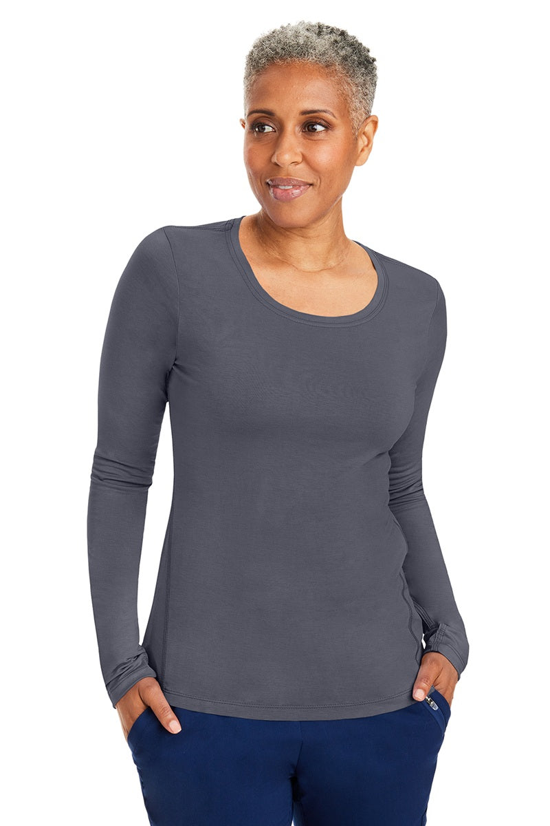 Healing Hands Purple Label Mackenzie 5051 long sleeve underscrub tee in pewter grey - moisture-wicking crew neck scrub shirt.