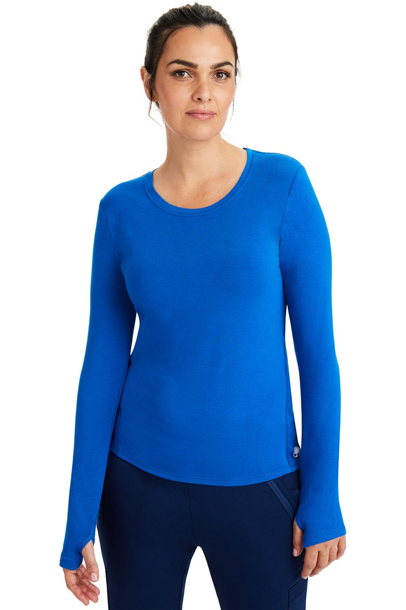 Healing Hands Purple Label Mackenzie 5051 long sleeve underscrub tee in royal blue - thumb hole design for secure sleeve placement.