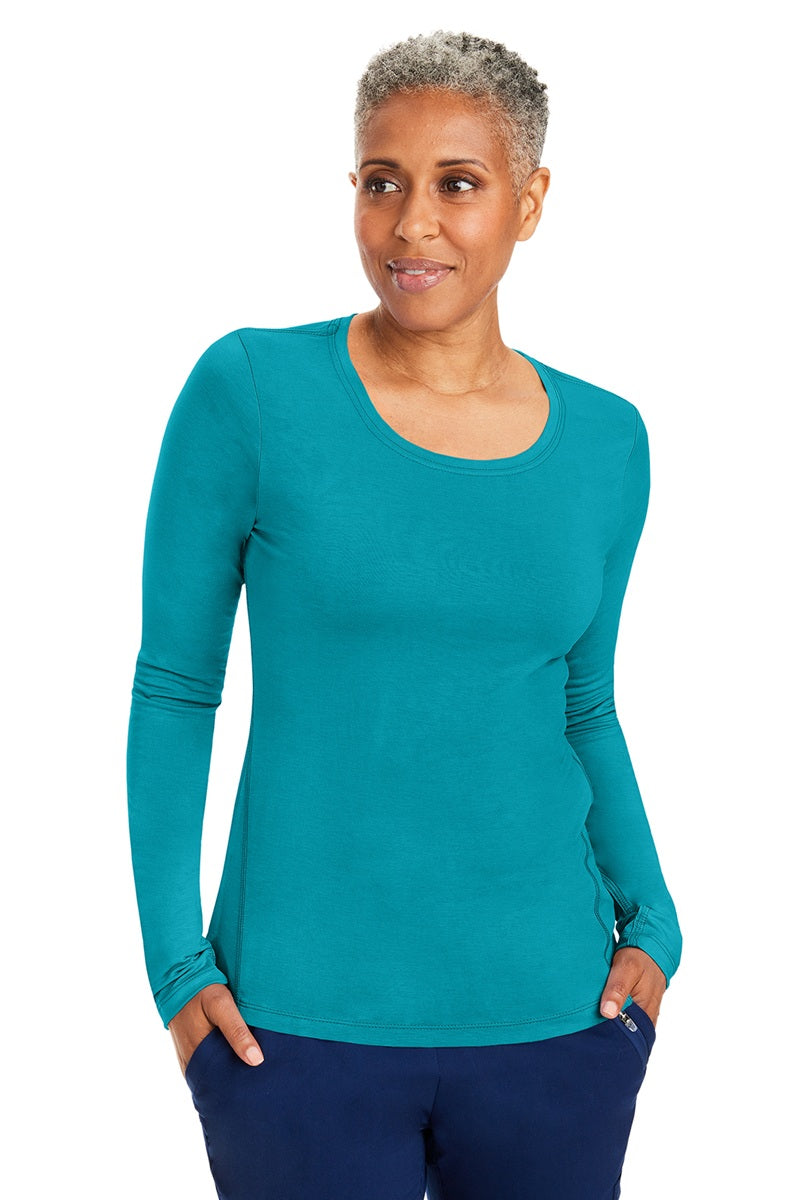 Healing Hands Purple Label Mackenzie 5051 long sleeve underscrub tee in teal blue - premium healthcare apparel with modern styling.