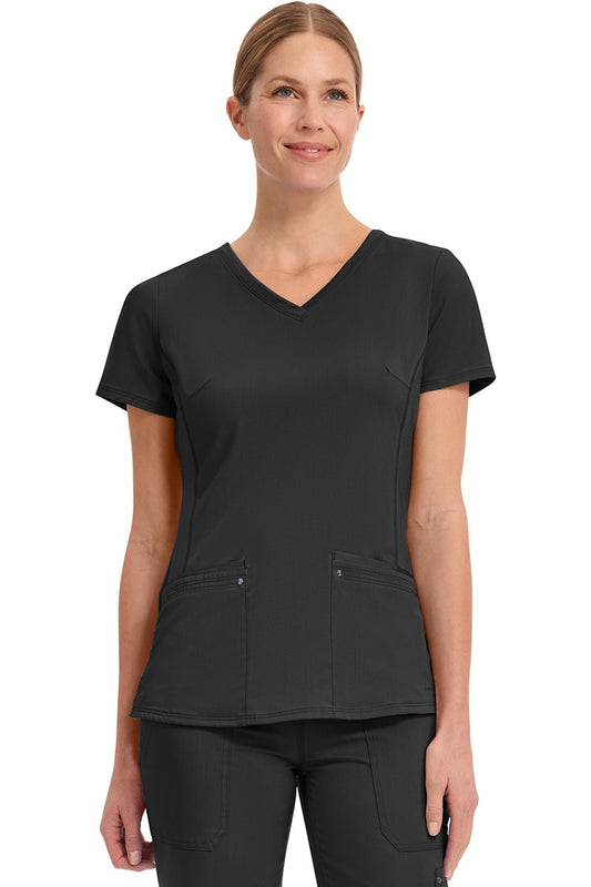 Healing Hands Purple Label Juliet 2245 women's v-neck scrub top in black featuring stretch panels, princess seaming, and two pockets for nurses and healthcare professionals.