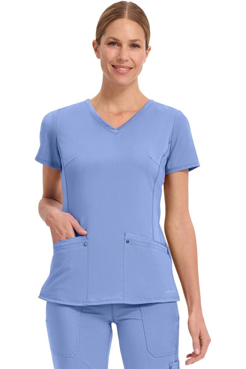 Healing Hands Purple Label Juliet 2245 women's v-neck scrub top in ceil blue featuring functional pockets and stretch fabric for all-day comfort.