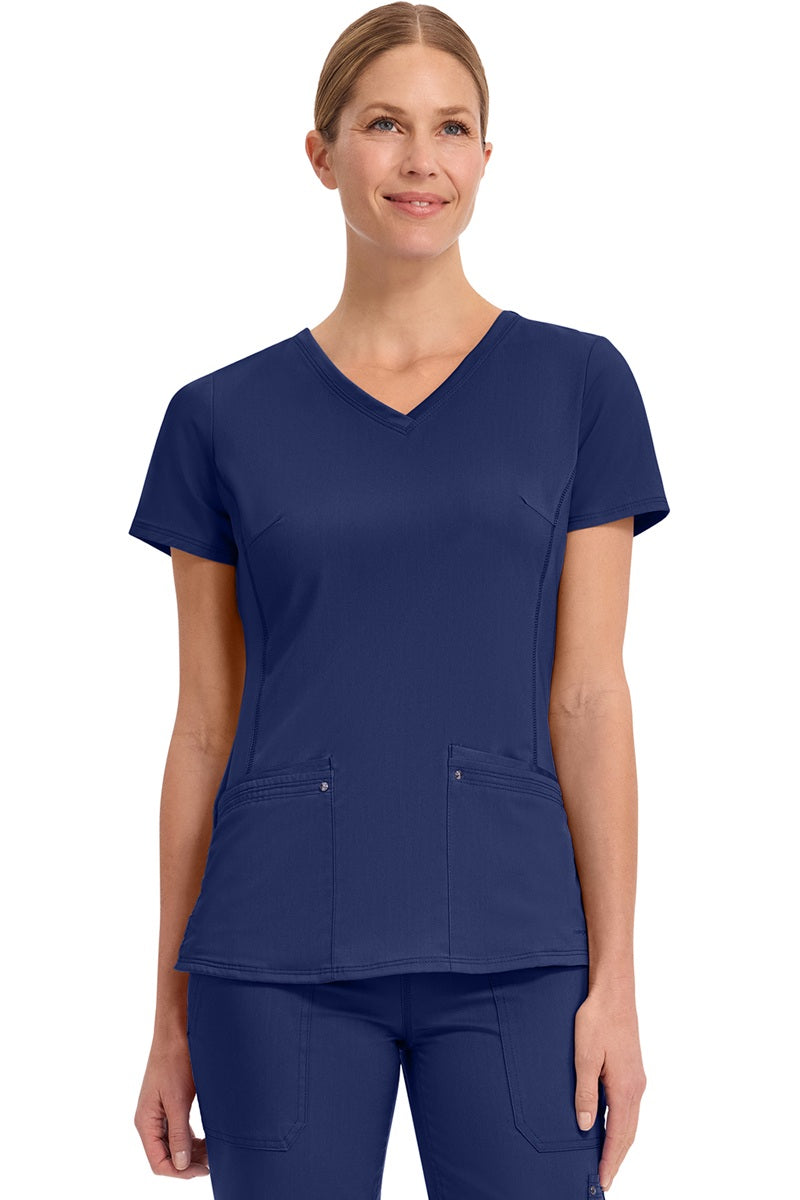 Healing Hands Purple Label Juliet 2245 women's v-neck scrub top in navy blue with princess seaming and stretch panels for healthcare workers.