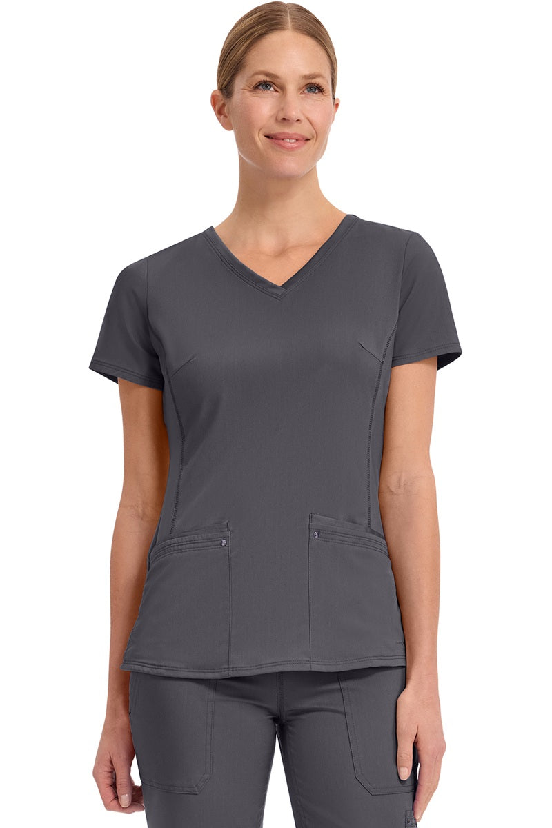 Healing Hands Purple Label Juliet 2245 women's v-neck scrub top in pewter grey featuring premium stretch fabric and professional tailored fit.