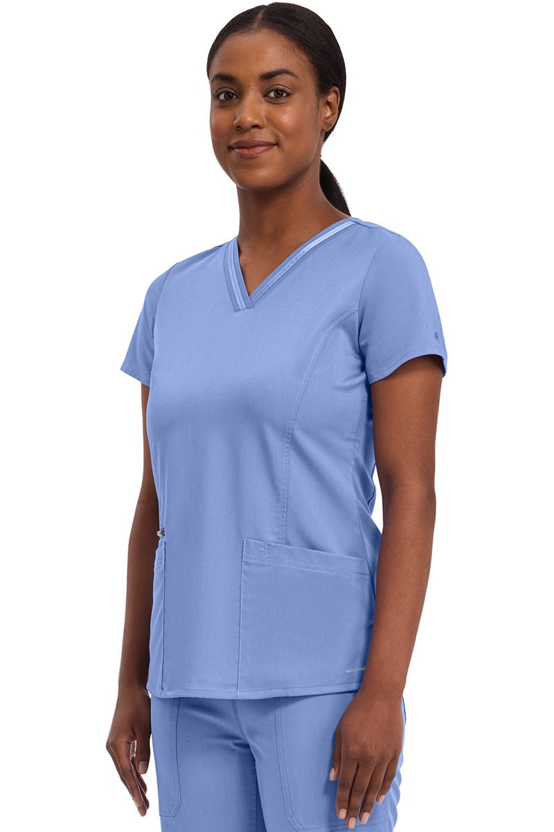 Women's Healing Hands Purple Label Jasmin scrub top style 2278 in ceil blue - moisture-wicking V-neck nursing scrub with tailored fit.